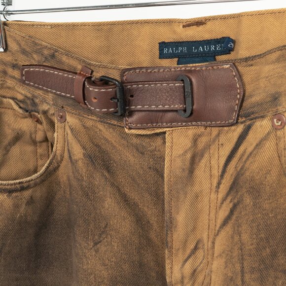 Ralph Lauren Tan Distressed Cotton Leather-Trim Jeans - Picture 10 of 13